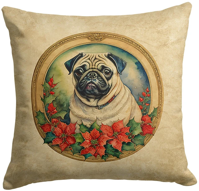Main image of Pug Christmas Flowers Throw Pillow Machine Washable, Indoor Outdoor Decorative Pillow for Couch, Bed or Patio, 18Hx18W