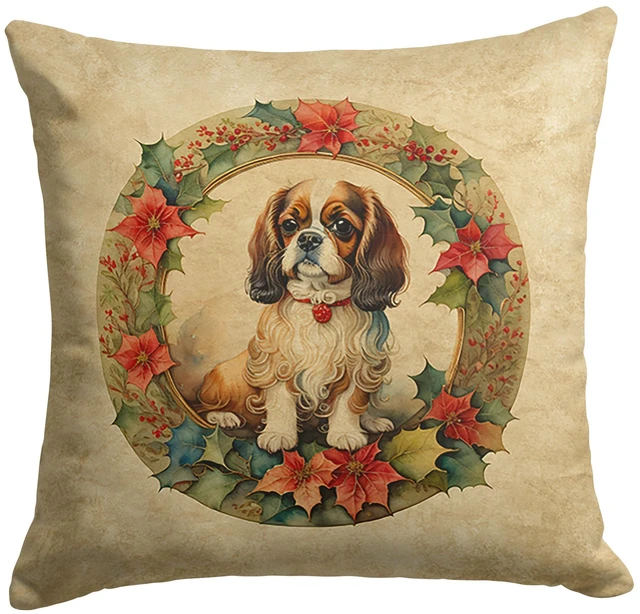 Main image of English Toy Spaniel Christmas Flowers Throw Pillow Machine Washable, Indoor Outdoor Decorative Pillow for Couch, Bed or Patio, 18Hx18W