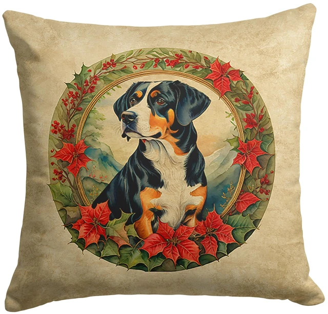 Main image of Entlebucher Mountain Dog Christmas Flowers Throw Pillow Machine Washable, Indoor Outdoor Decorative Pillow for Couch, Bed or Patio, 18Hx18W