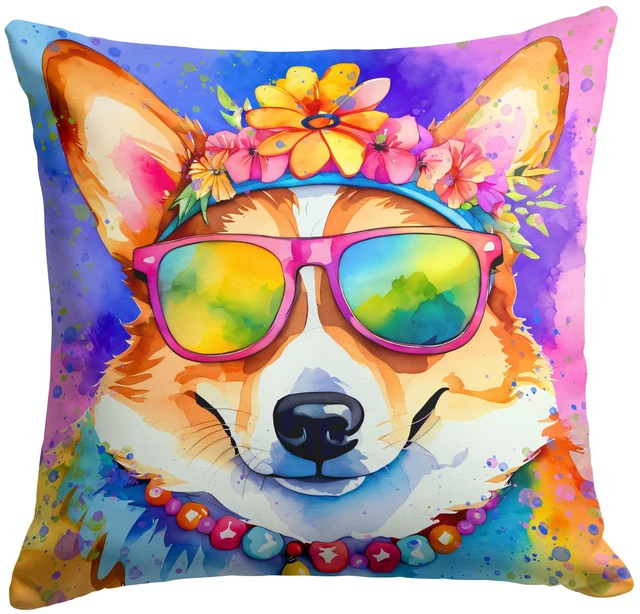 Main image of Corgi Hippie Dawg Throw Pillow Machine Washable, Indoor Outdoor Decorative Pillow for Couch, Bed or Patio, 18Hx18W