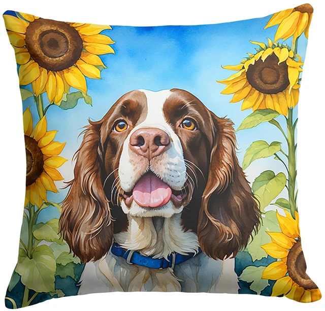 Main image of English Springer Spaniel in Sunflowers Throw Pillow Machine Washable, Indoor Outdoor Decorative Pillow for Couch, Bed or Patio, 18Hx18W