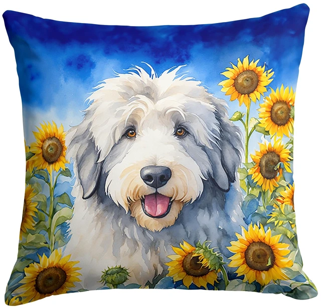 Main image of Old English Sheepdog in Sunflowers Throw Pillow Machine Washable, Indoor Outdoor Decorative Pillow for Couch, Bed or Patio, 18Hx18W
