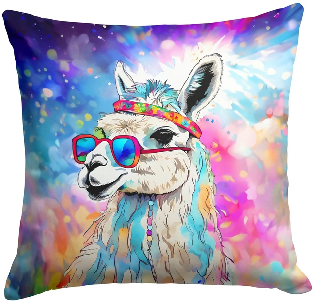 Main image of NEW Hippie Animal Llama Throw Pillow Machine Washable, Indoor Outdoor Decorative Pillow for Couch, Bed or Patio, 18Hx18W