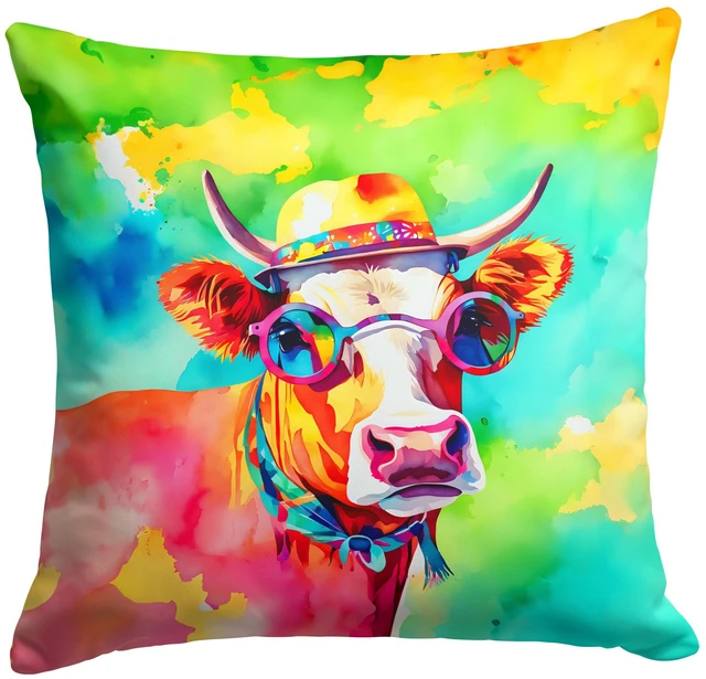 Main image of NEW Hippie Animal Malvi Cow Throw Pillow Machine Washable, Indoor Outdoor Decorative Pillow for Couch, Bed or Patio, 18Hx18W