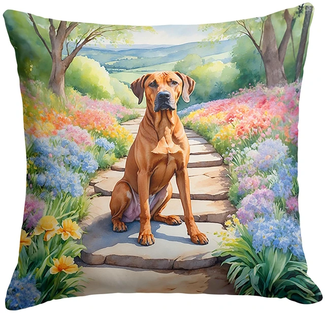 Main image of Rhodesian Ridgeback Spring Path Throw Pillow Machine Washable, Indoor Outdoor Decorative Pillow for Couch, Bed or Patio, 18Hx18W