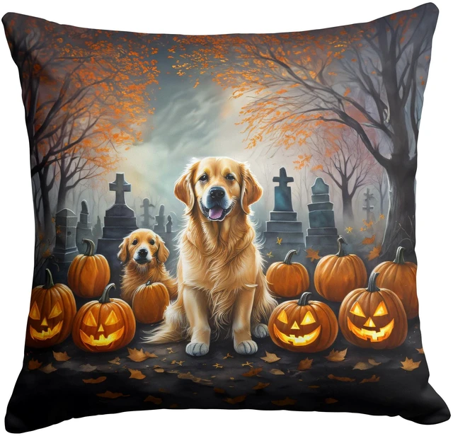 Main image of Golden Retriever Spooky Halloween Throw Pillow Machine Washable, Indoor Outdoor Decorative Pillow for Couch, Bed or Patio, 18Hx18W
