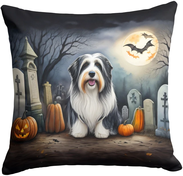 Main image of Bearded Collie Spooky Halloween Throw Pillow Machine Washable, Indoor Outdoor Decorative Pillow for Couch, Bed or Patio, 18Hx18W