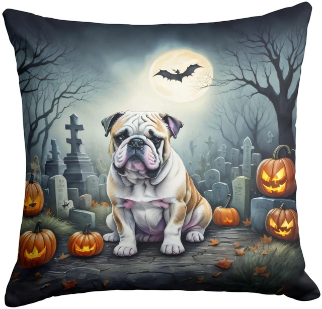 Main image of English Bulldog Spooky Halloween Throw Pillow Machine Washable, Indoor Outdoor Decorative Pillow for Couch, Bed or Patio, 18Hx18W