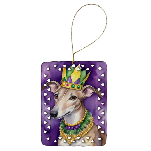 Main image of Greyhound King of Mardi Gras Porcelain Ornament Christmas Tree Hanging Decorations for Home Christmas Holiday, Rectangle, Gift, Multicolor