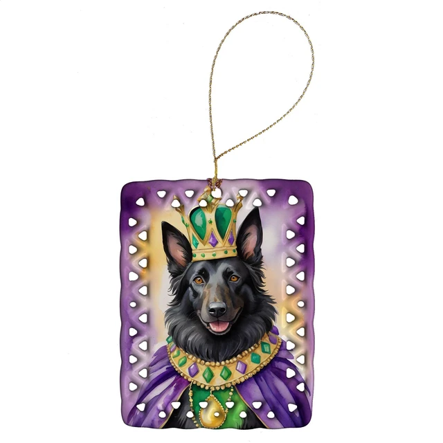 Main image of Belgian Sheepdog King of Mardi Gras Porcelain Ornament Christmas Tree Hanging Decorations for Home Christmas Holiday, Rectangle, Gift, Multicolor