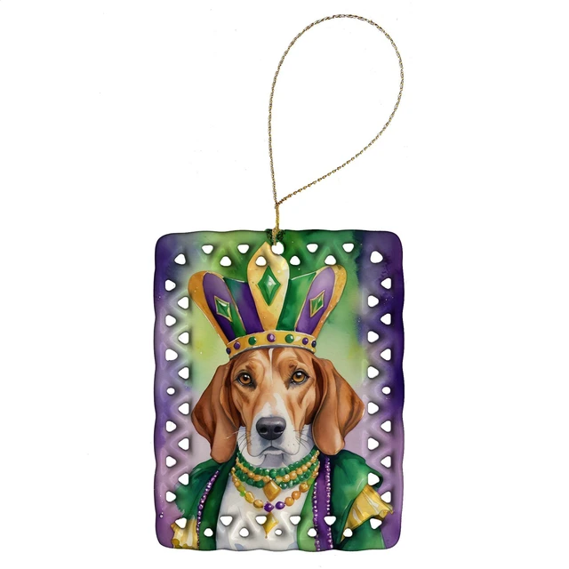 Main image of English Foxhound King of Mardi Gras Porcelain Ornament Christmas Tree Hanging Decorations for Home Christmas Holiday, Rectangle, Gift, Multicolor