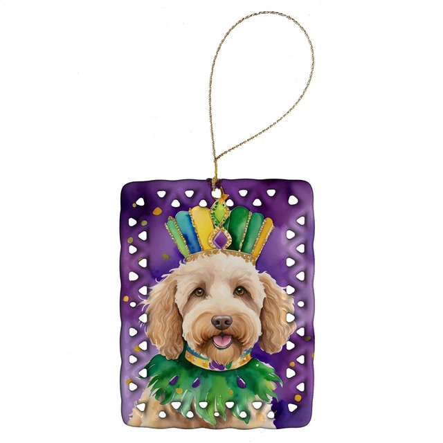 Main image of Labradoodle King of Mardi Gras Porcelain Ornament Christmas Tree Hanging Decorations for Home Christmas Holiday, Rectangle, Gift, Multicolor