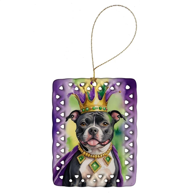 Main image of Staffordshire Bull Terrier King of Mardi Gras Porcelain Ornament Christmas Tree Hanging Decorations for Home Christmas Holiday, Rectangle, Gift, Multicolor