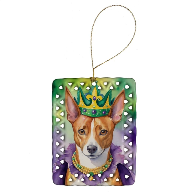 Main image of Basenji King of Mardi Gras Porcelain Ornament Christmas Tree Hanging Decorations for Home Christmas Holiday, Rectangle, Gift, Multicolor