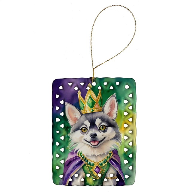 Main image of Alaskan Klee Kai King of Mardi Gras Porcelain Ornament Christmas Tree Hanging Decorations for Home Christmas Holiday, Rectangle, Gift, Multicolor