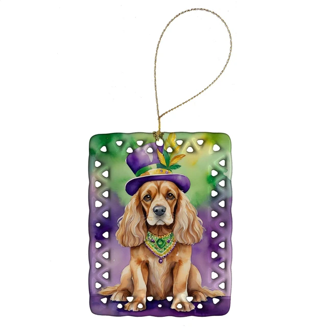 Main image of Cocker Spaniel King of Mardi Gras Porcelain Ornament Christmas Tree Hanging Decorations for Home Christmas Holiday, Rectangle, Gift, Multicolor