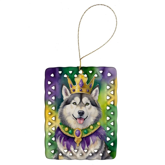 Main image of Alaskan Malamute King of Mardi Gras Porcelain Ornament Christmas Tree Hanging Decorations for Home Christmas Holiday, Rectangle, Gift, Multicolor