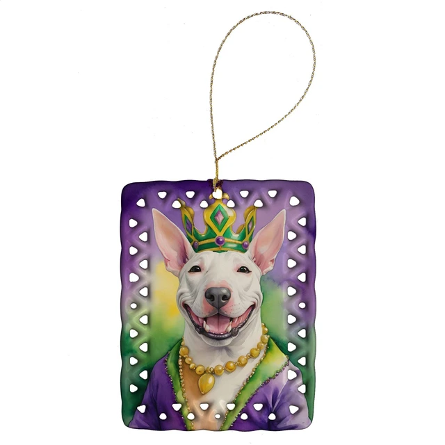 Main image of Bull Terrier King of Mardi Gras Porcelain Ornament Christmas Tree Hanging Decorations for Home Christmas Holiday, Rectangle, Gift, Multicolor