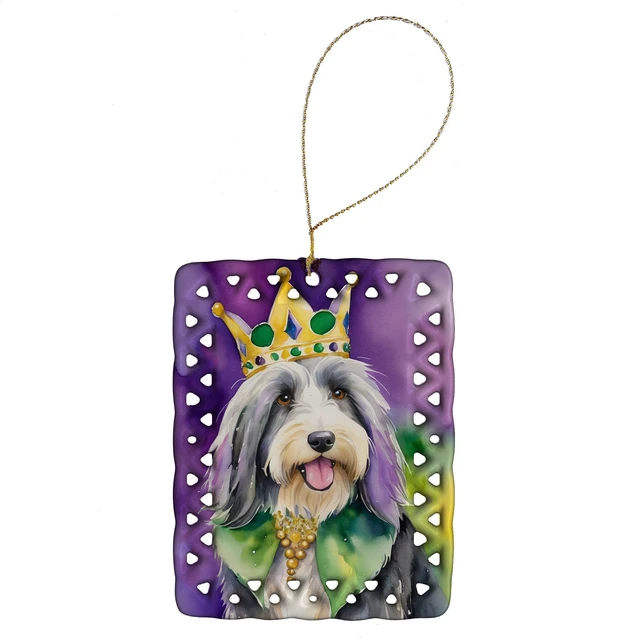 Main image of Bearded Collie King of Mardi Gras Porcelain Ornament Christmas Tree Hanging Decorations for Home Christmas Holiday, Rectangle, Gift, Multicolor