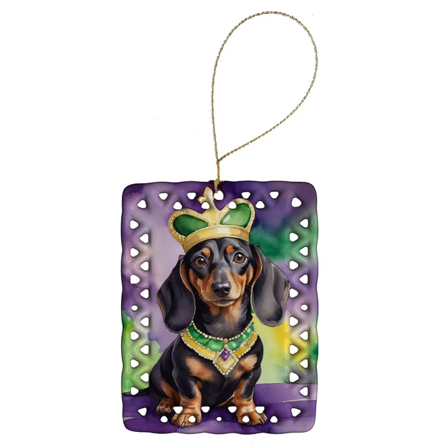 Main image of Dachshund King of Mardi Gras Porcelain Ornament Christmas Tree Hanging Decorations for Home Christmas Holiday, Rectangle, Gift, Multicolor