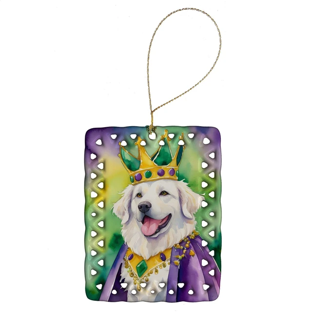 Main image of Kuvasz King of Mardi Gras Porcelain Ornament Christmas Tree Hanging Decorations for Home Christmas Holiday, Rectangle, Gift, Multicolor