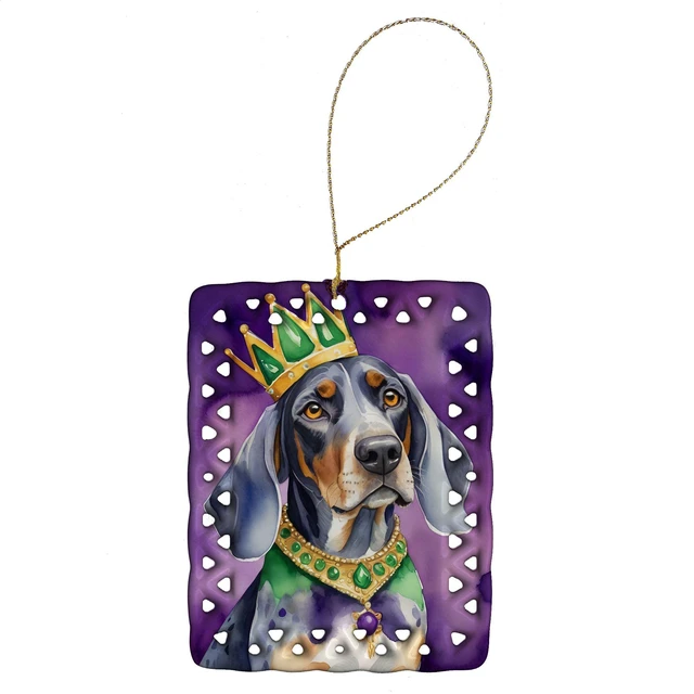 Main image of Bluetick Coonhound King of Mardi Gras Porcelain Ornament Christmas Tree Hanging Decorations for Home Christmas Holiday, Rectangle, Gift, Multicolor