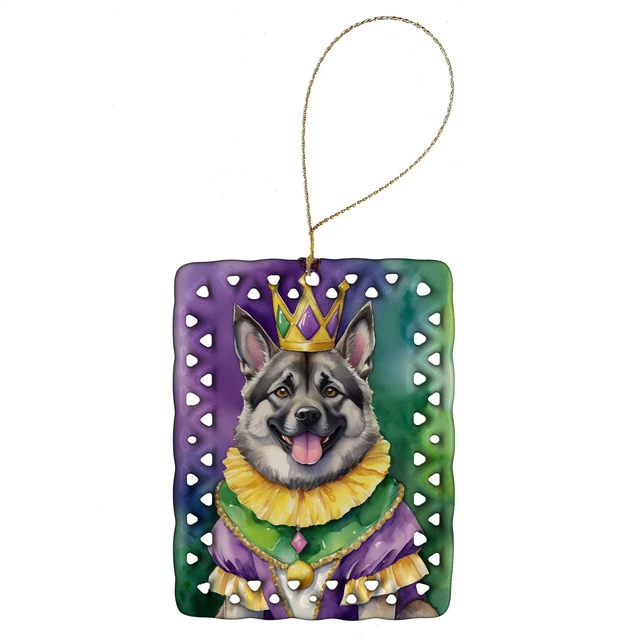 Main image of Norwegian Elkhound King of Mardi Gras Porcelain Ornament Christmas Tree Hanging Decorations for Home Christmas Holiday, Rectangle, Gift, Multicolor