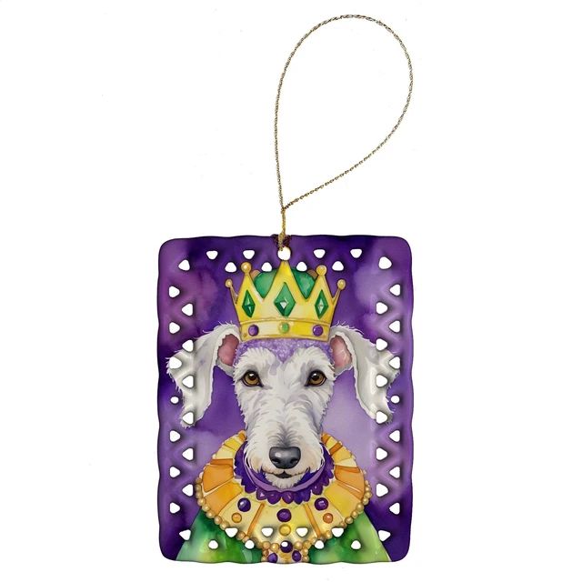 Main image of Bedlington Terrier King of Mardi Gras Porcelain Ornament Christmas Tree Hanging Decorations for Home Christmas Holiday, Rectangle, Gift, Multicolor