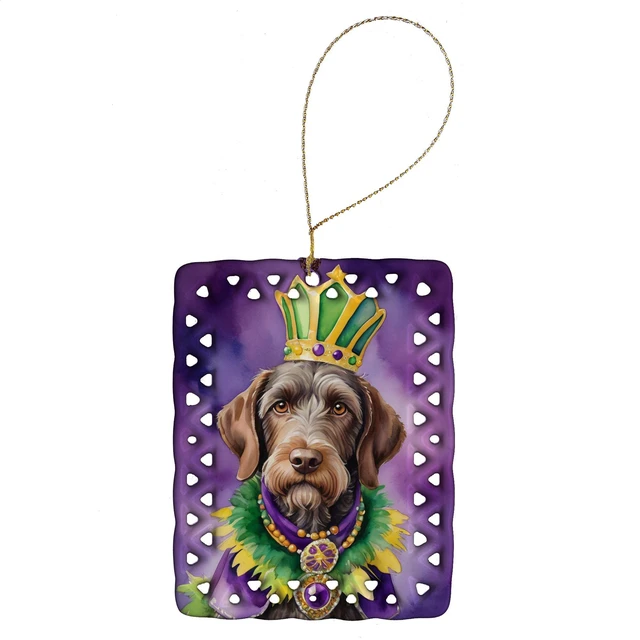 Main image of German Wirehaired Pointer King of Mardi Gras Porcelain Ornament Christmas Tree Hanging Decorations for Home Christmas Holiday, Rectangle, Gift, Multicolor
