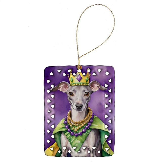 Main image of Italian Greyhound King of Mardi Gras Porcelain Ornament Christmas Tree Hanging Decorations for Home Christmas Holiday, Rectangle, Gift, Multicolor