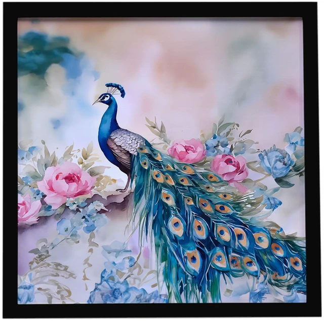 Main image of Peacock Framed Metal Print Bathroom, Kitchen, Office, Home Decor Wall Art Ready to Hang, Square, 8X8