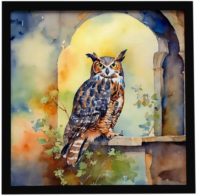 Main image of Great Horned Owl Framed Metal Print Bathroom, Kitchen, Office, Home Decor Wall Art Ready to Hang, Square, 8X8