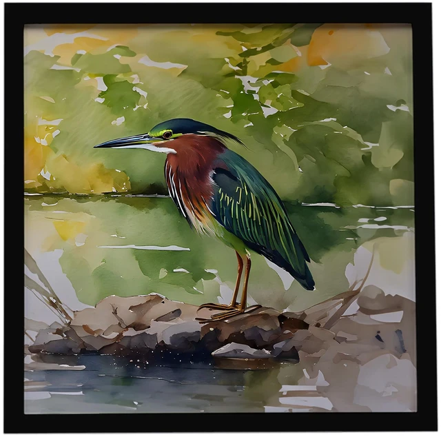 Main image of Green Heron Framed Metal Print Bathroom, Kitchen, Office, Home Decor Wall Art Ready to Hang, Square, 8X8