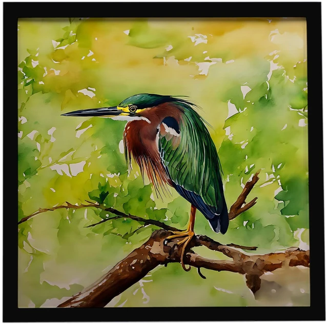 Main image of Green Heron Framed Metal Print Bathroom, Kitchen, Office, Home Decor Wall Art Ready to Hang, Square, 8X8