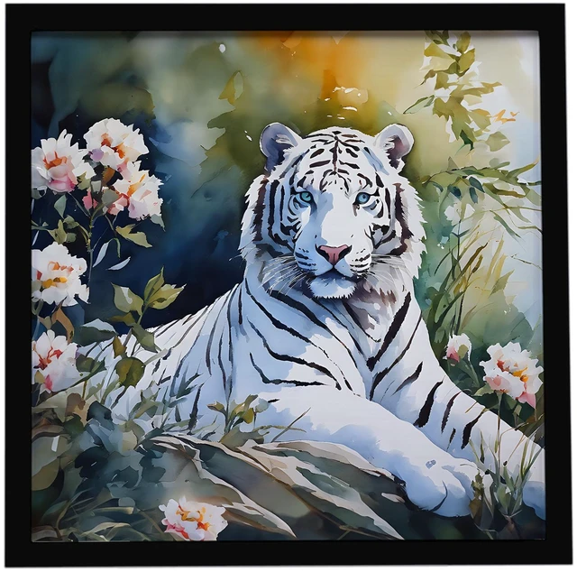 Main image of White Tiger Framed Metal Print Bathroom, Kitchen, Office, Home Decor Wall Art Ready to Hang, Square, 8X8