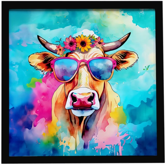 Main image of Hippie Animal Malvi Cow Framed Metal Print Bathroom, Kitchen, Office, Home Decor Wall Art Ready to Hang, Square, 8X8