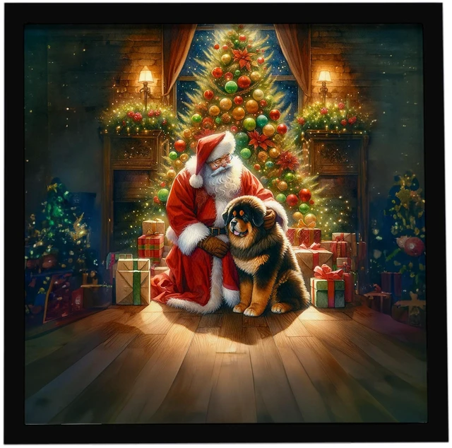 Main image of Tibetan Mastiff and Santa Claus Framed Metal Print Bathroom, Kitchen, Office, Home Decor Wall Art Ready to Hang, Square, 8X8