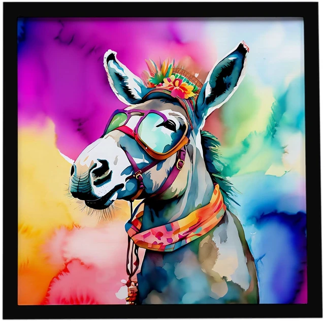 Main image of Hippie Animal Donkey Framed Metal Print Bathroom, Kitchen, Office, Home Decor Wall Art Ready to Hang, Square, 8X8