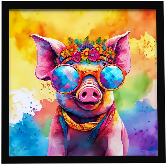 Main image of Hippie Animal Pig Framed Metal Print Bathroom, Kitchen, Office, Home Decor Wall Art Ready to Hang, Square, 8X8