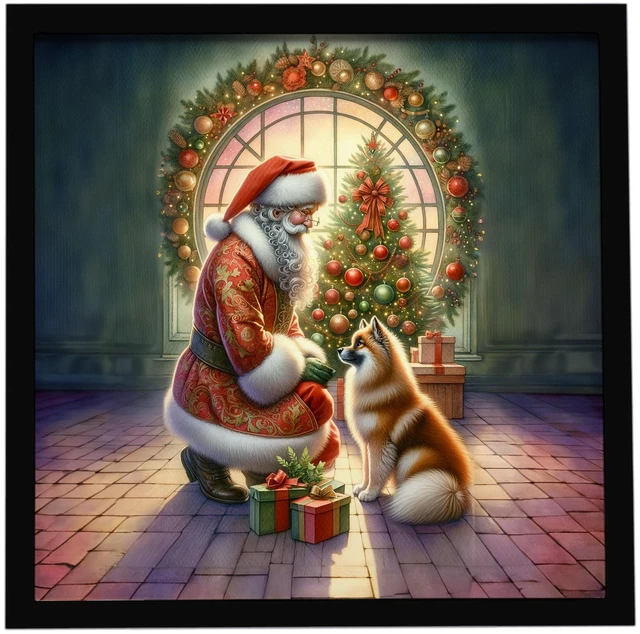 Main image of Finnish Spitz and Santa Claus Framed Metal Print Bathroom, Kitchen, Office, Home Decor Wall Art Ready to Hang, Square, 8X8