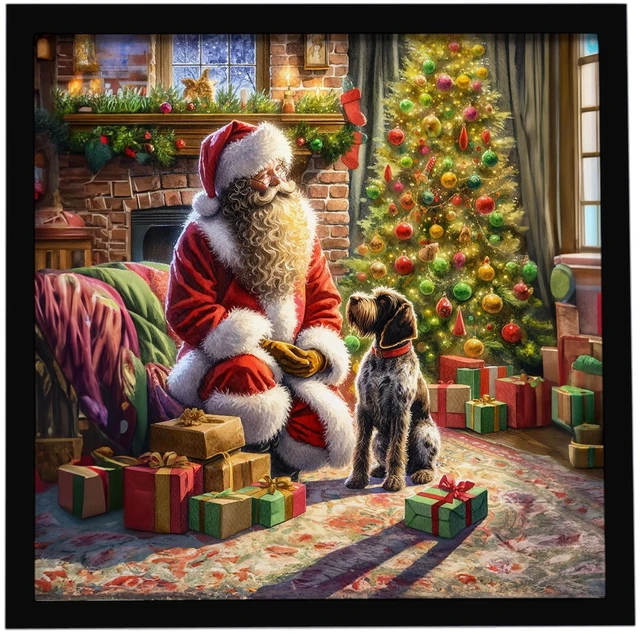 Main image of Wirehaired Pointing Griffon and Santa Claus Framed Metal Print Bathroom, Kitchen, Office, Home Decor Wall Art Ready to Hang, Square, 8X8