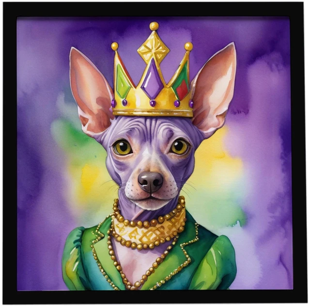 Main image of American Hairless Terrier King of Mardi Gras Framed Metal Print Bathroom, Kitchen, Office, Home Decor Wall Art Ready to Hang, Square, 8X8