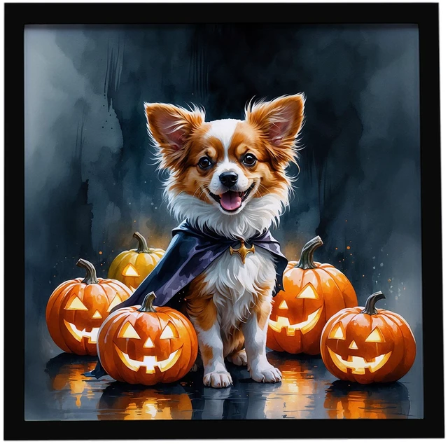 Main image of Papillon Puppy Halloween Framed Metal Print Bathroom, Kitchen, Office, Home Decor Wall Art Ready to Hang, Square, 8X8