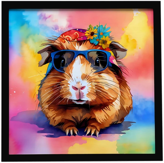 Main image of Hippie Animal Guinea Pig Framed Metal Print Bathroom, Kitchen, Office, Home Decor Wall Art Ready to Hang, Square, 8X8