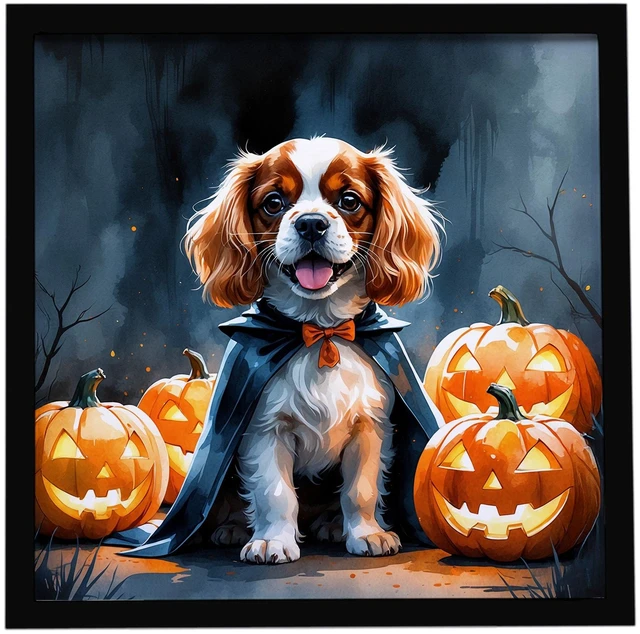 Main image of Cavalier Spaniel Puppy Halloween Framed Metal Print Bathroom, Kitchen, Office, Home Decor Wall Art Ready to Hang, Square, 8X8