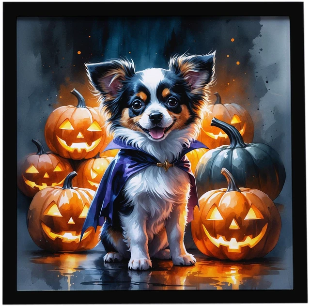 Main image of Tricolor Papillon Puppy Halloween Framed Metal Print Bathroom, Kitchen, Office, Home Decor Wall Art Ready to Hang, Square, 8X8