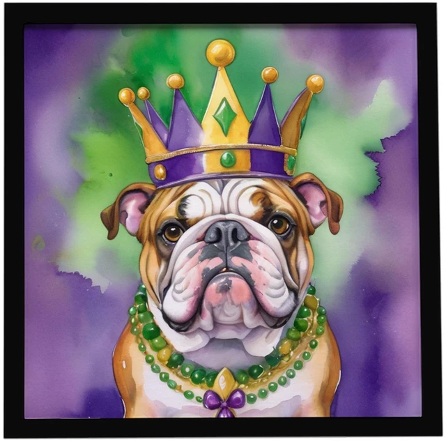 Main image of English Bulldog King of Mardi Gras Framed Metal Print Bathroom, Kitchen, Office, Home Decor Wall Art Ready to Hang, Square, 8X8