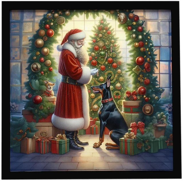 Main image of Doberman Pinscher and Santa Claus Framed Metal Print Bathroom, Kitchen, Office, Home Decor Wall Art Ready to Hang, Square, 8X8