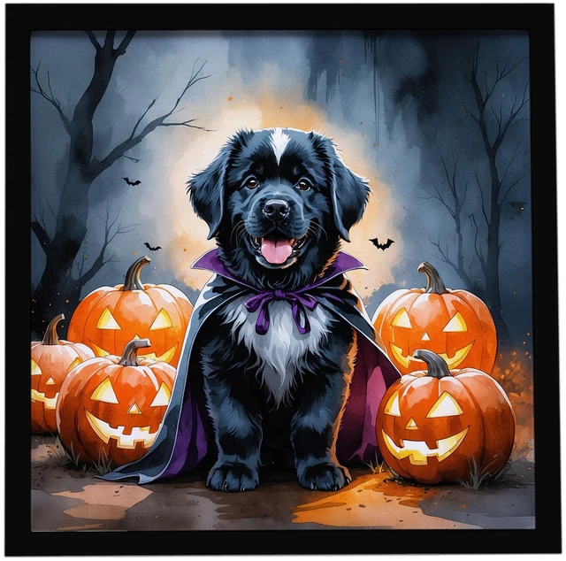 Main image of Newfoundland Puppy Halloween Framed Metal Print Bathroom, Kitchen, Office, Home Decor Wall Art Ready to Hang, Square, 8X8