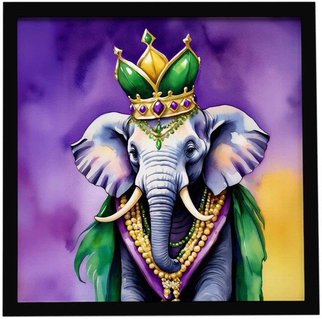 Main image of Elephant King of Mardi Gras Framed Metal Print Bathroom, Kitchen, Office, Home Decor Wall Art Ready to Hang, Square, 8X8